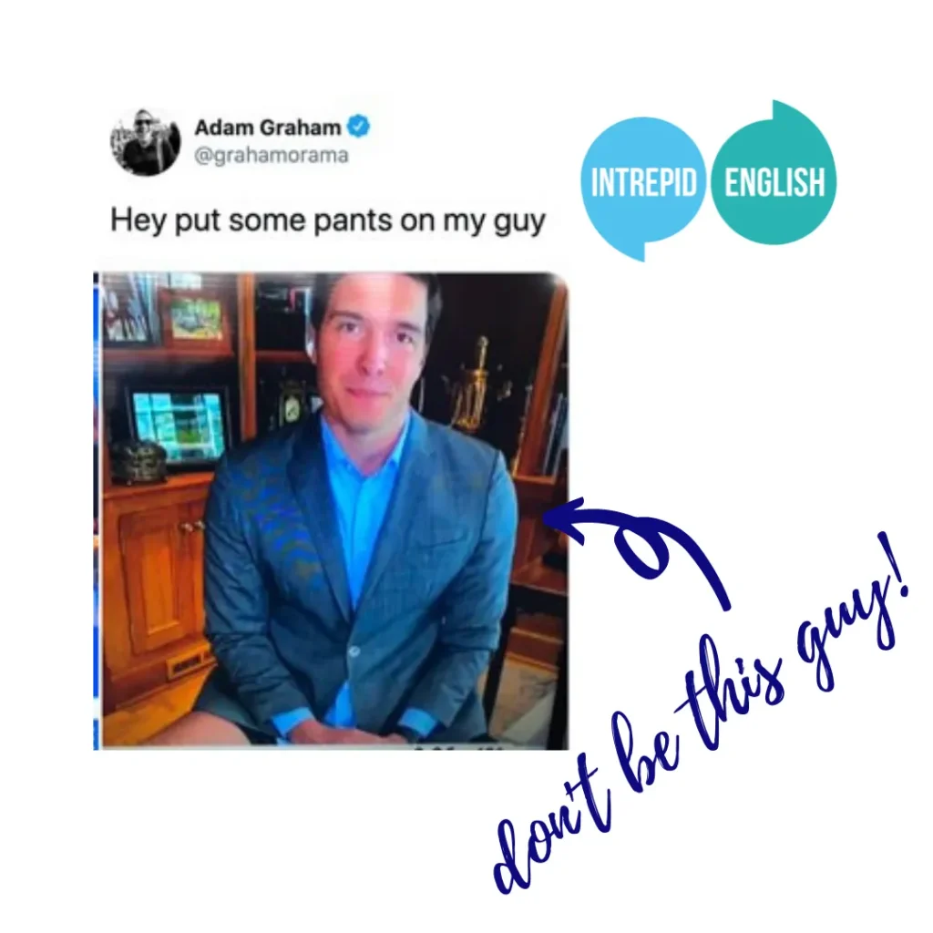 A man having a skype interview who is not wearing pants