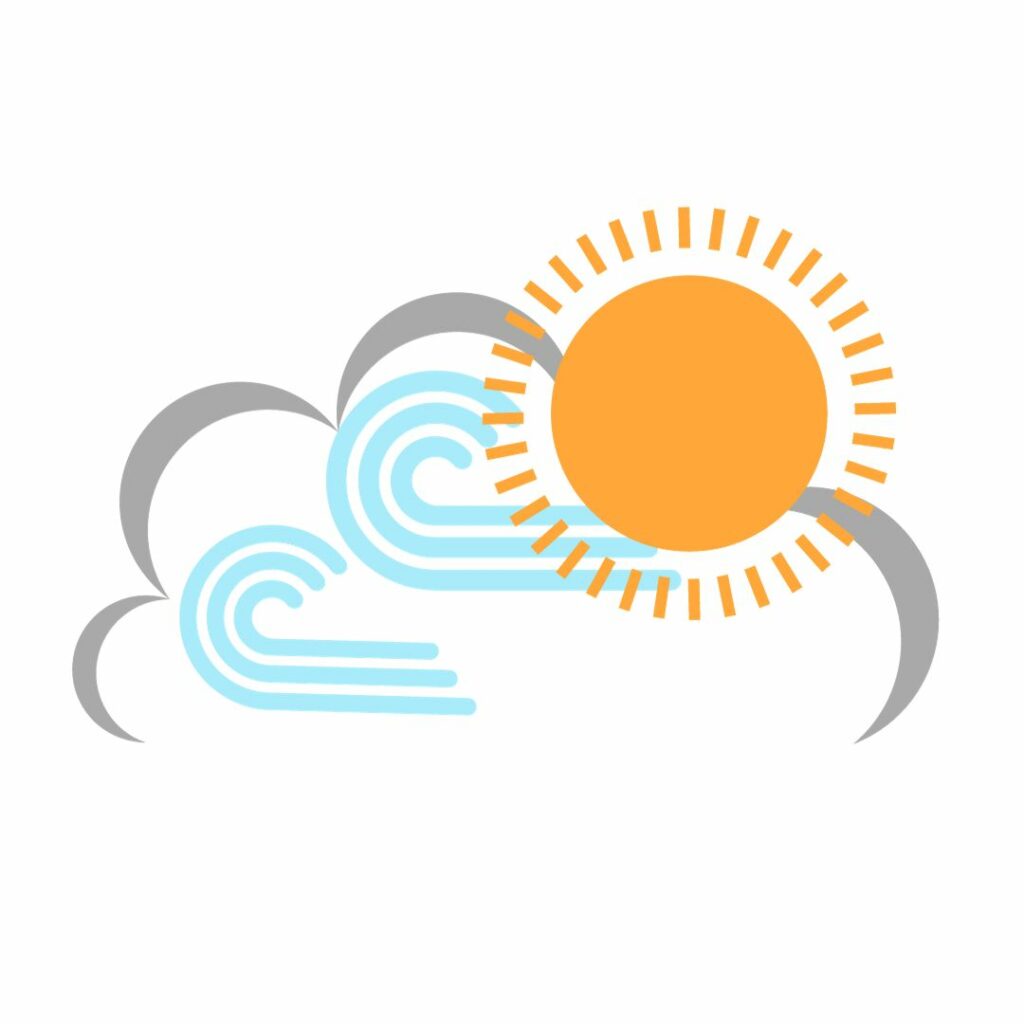 A cartoon image showing a sun with a cloud in front of it and a breeze.