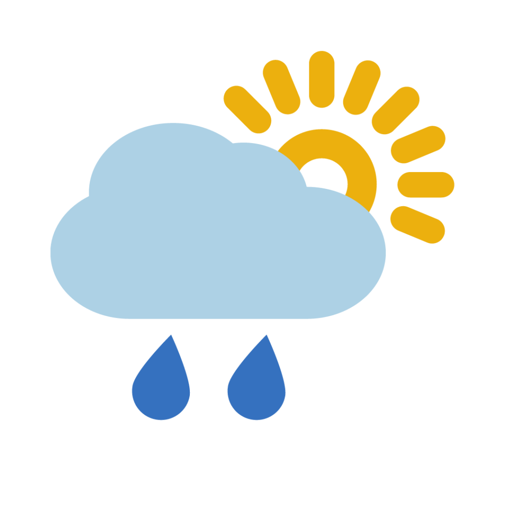 A cartoon image showing a sun with a cloud in front of it and a couple of raindrops.