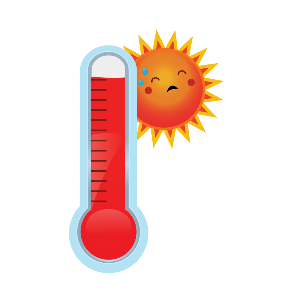 A cartoon image showing a temperature gauge displaying a high temperature and a sweating sun.