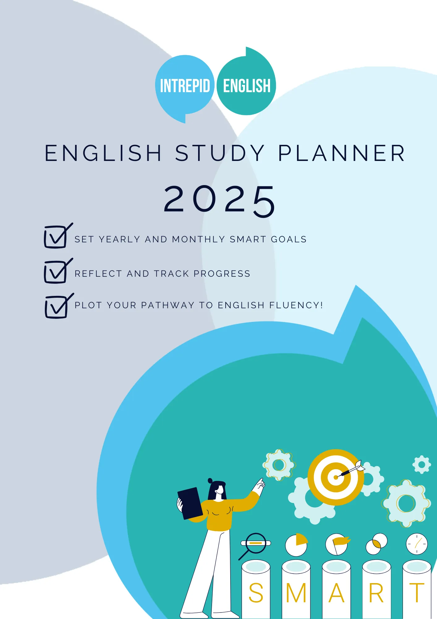 A cartoon image of a woman in a bright yellow jumper planning her SMART goals for 2025.