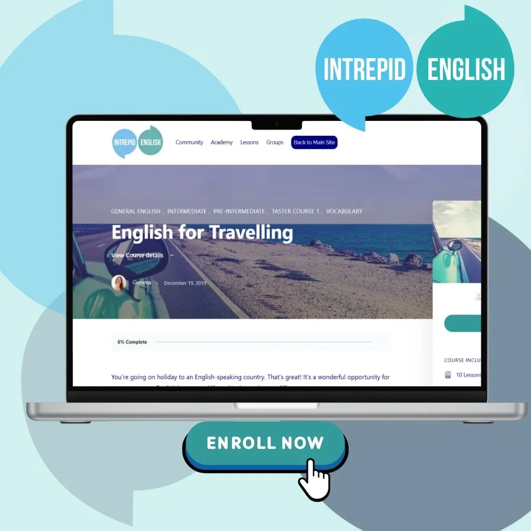 A light blue background with an open laptop. The laptop screen shows the English for Travelling course open.