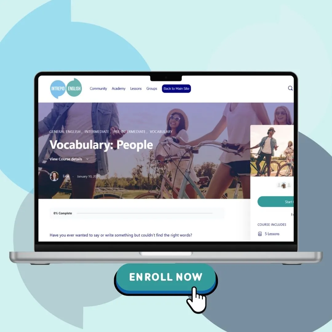 A laptop screen is open on the front page of the Vocabulary: People course in the Intrepid English Academy.